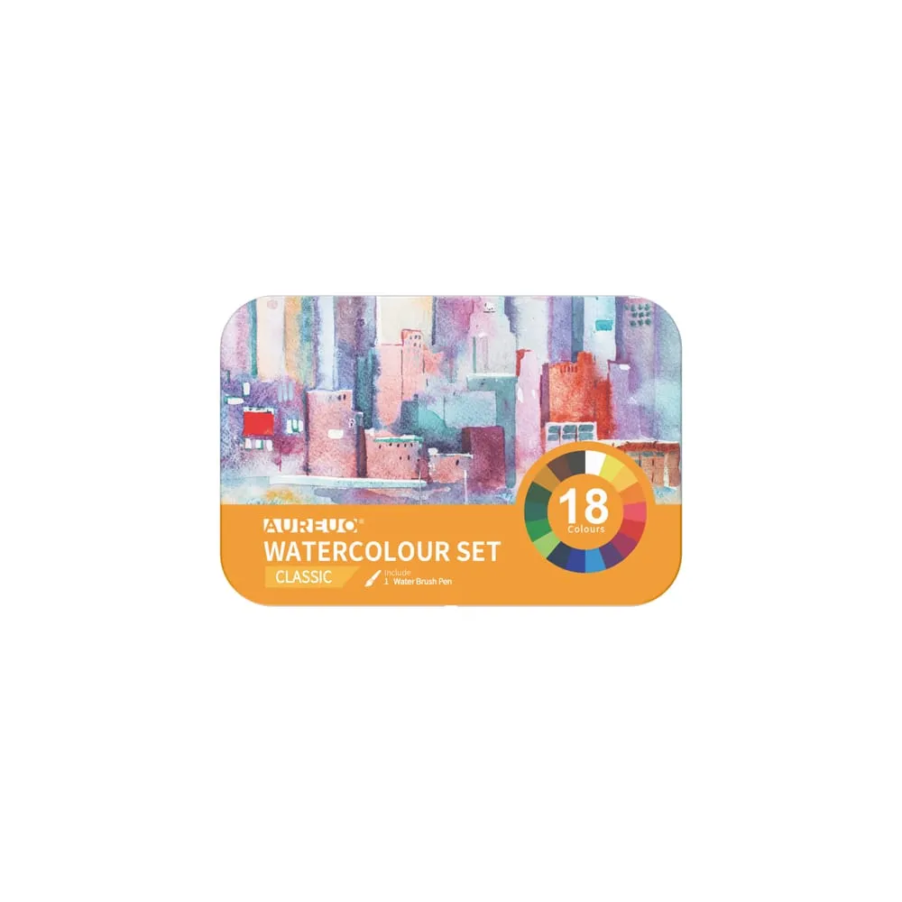 Acquerelli demi-godet - con pennello brush - in scatola di metallo - colori classici assortiti - DOM - astuccio 18 colori