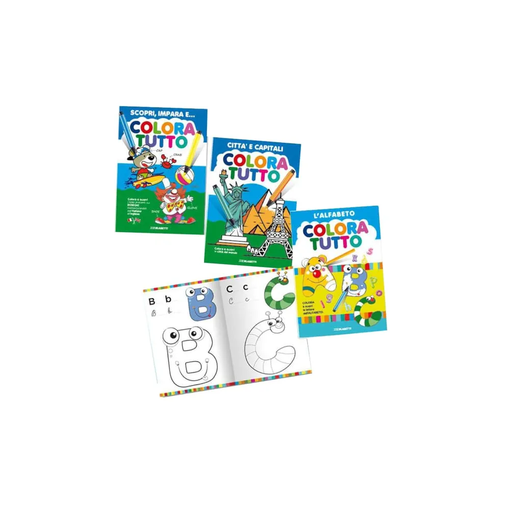 Album da colorare - 24 facciate - per bimbo - fantasie alfabeto, bimbi, capitali - Blasetti