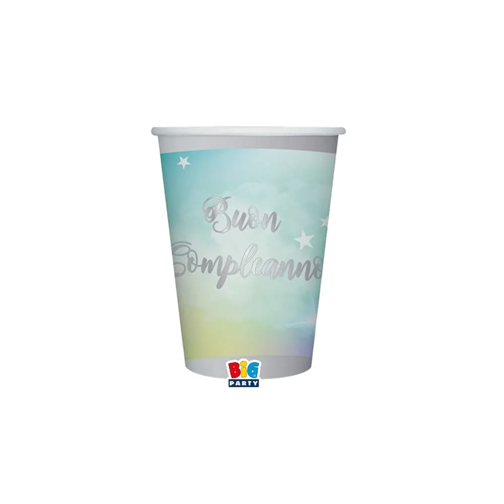 Bicchiere Soft Rainbow - Buon Compleanno - 200 ml - carta - Big Party - conf. 8 pezzi
