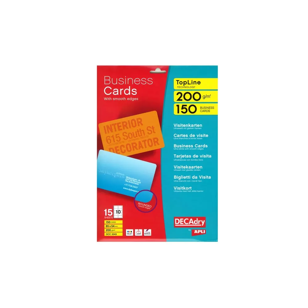 Biglietti da visita - 85 x 54 mm - 200 gr - angoli tondi - bordo liscio - bianco - Decadry - conf. 15 fogli da 10 biglietti