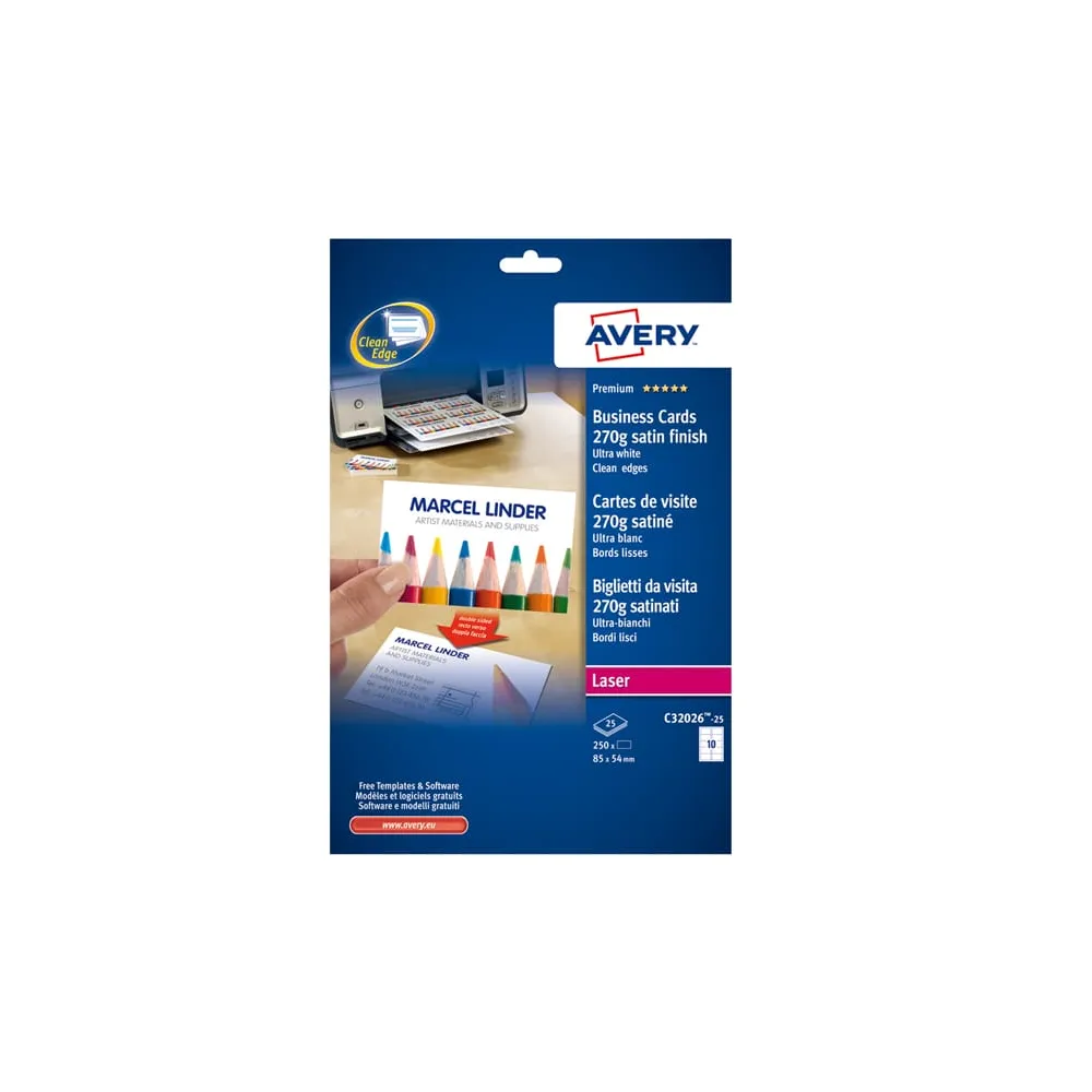Biglietti da visita - 85 x 54 mm - 270 gr - effetto satinato - bianco - Avery - conf. 25 fogli da 10 biglietti
