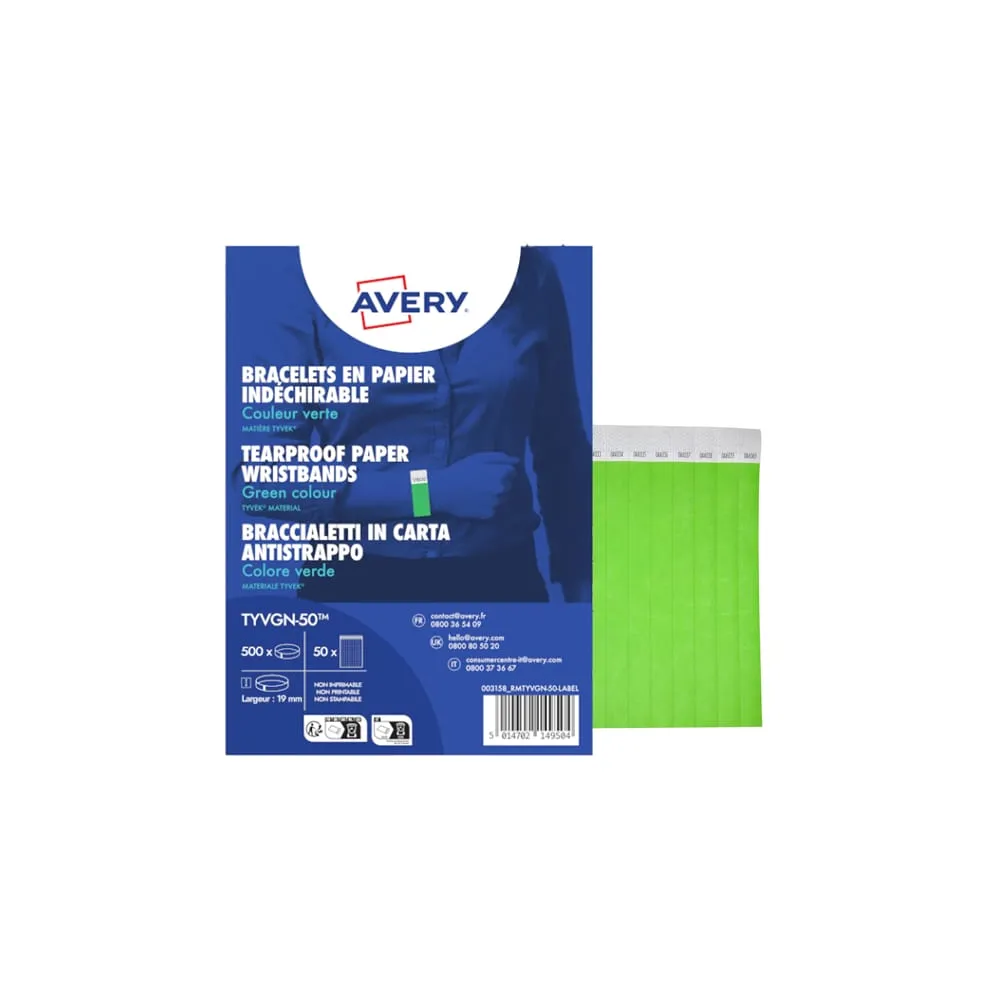 Braccialetti identificativi - in Tyvek - verde fluo - 265 x 19 mm - 50 fogli - 10 et/fg - Avery - Conf. 500 pezzi