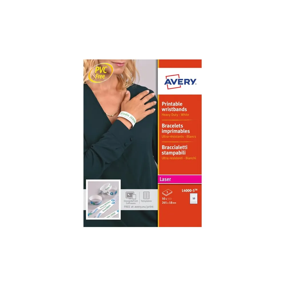Braccialetti identificativi stampabili - 5 fogli - 10 et/fg - A4 - PE - bianco - Avery