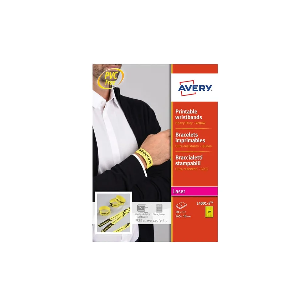 Braccialetti identificativi stampabili - 5 fogli - 10 et/fg - A4 - PE - giallo - Avery