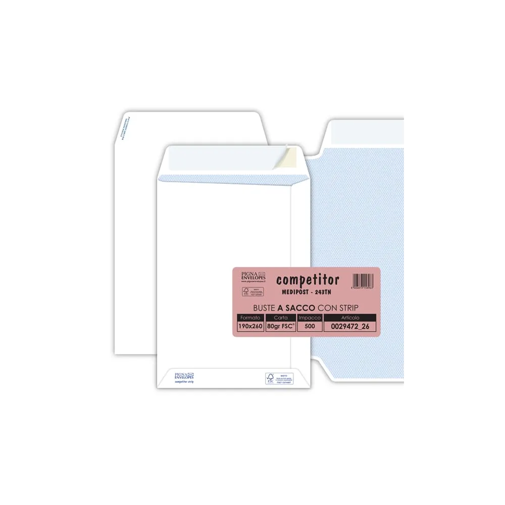 Busta a sacco Competitor FSC - strip adesivo - 19 x 26 cm - 80 gr - bianco - Pigna Envelopes - conf. 500 pezzi