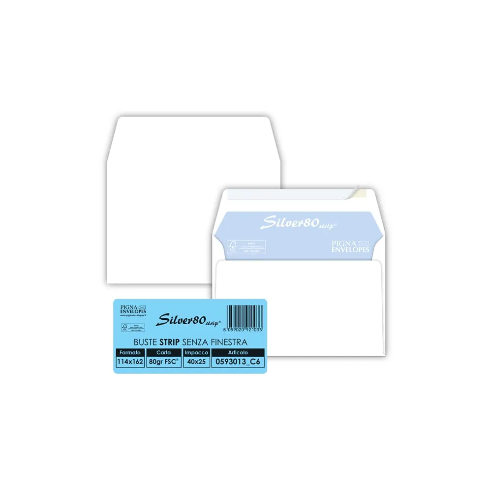 Busta Silver80 Strip FSC - internografata - senza finestra - 11,4 x 16,2 cm - 80 gr - bianco - Pigna Envelopes - conf. 25 pezzi