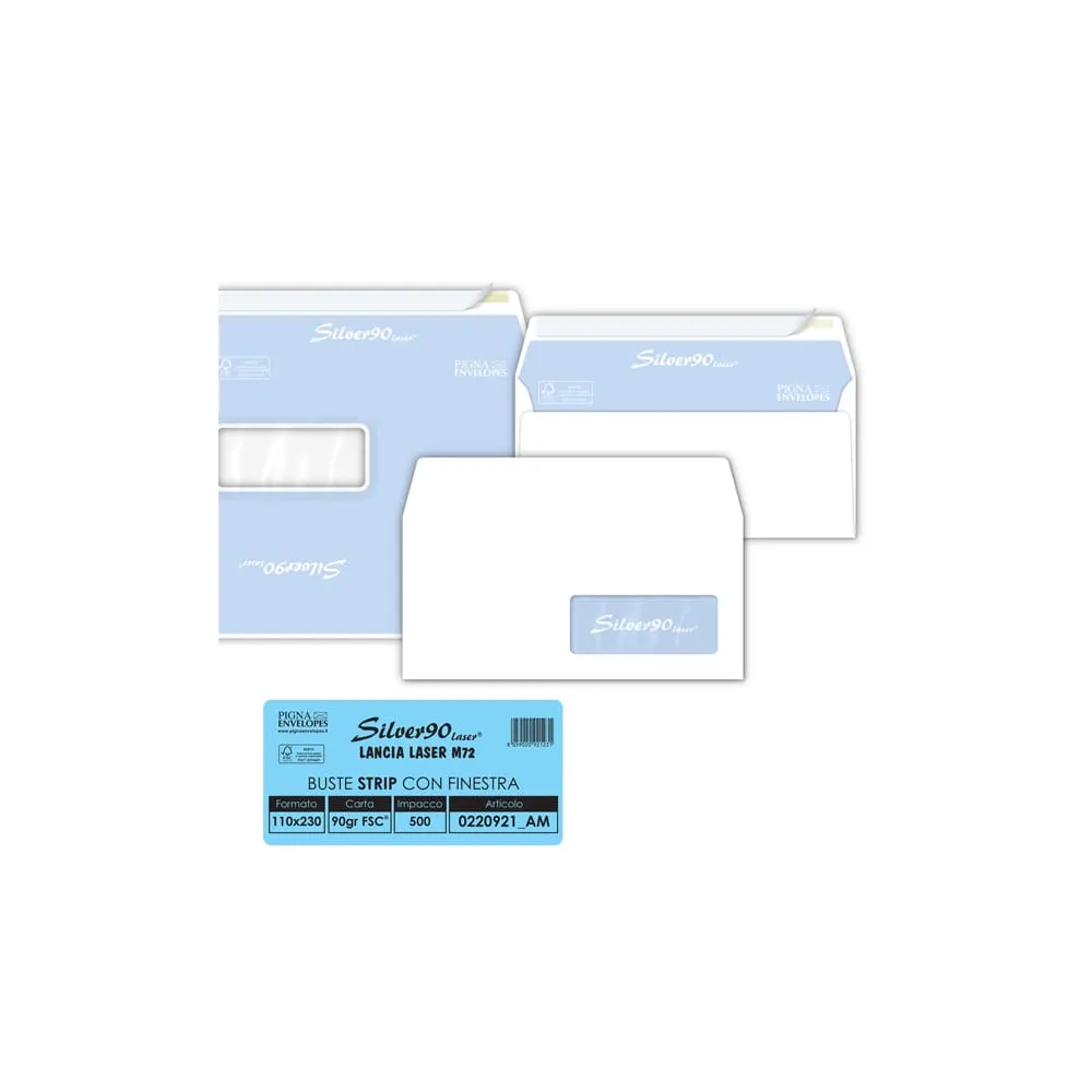 Busta Silver90 Strip Laser FSC - con finestra - internografata - 11 x 23 cm - 90 gr - bianco - Pigna Envelopes - conf. 500 pezz