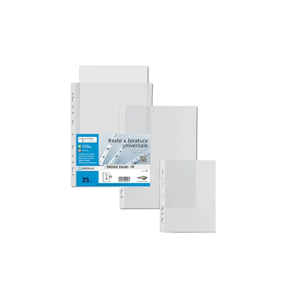 Buste forate Ercole - PVC liscio - 22 x 30 cm - trasparente - Sei Rota - conf. 25 pezzi
