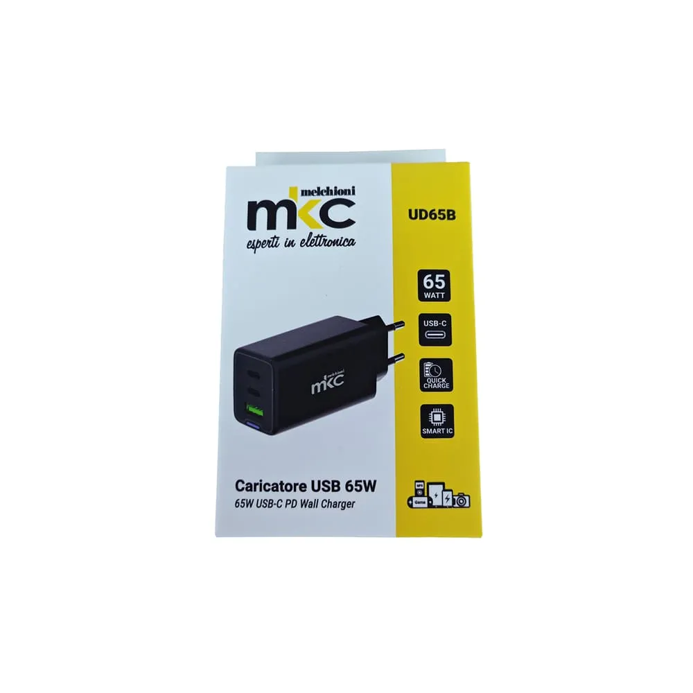 Caricatore USB -  65W -  2 USB-C + 1 USB-A - Nero - MKC Melchioni