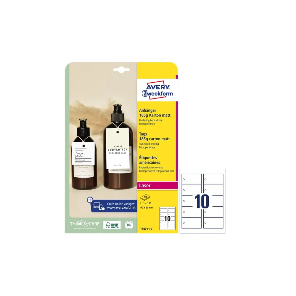 Cartellino micro-perforato stampabile - cartoncino - laser - 90 x 50 mm - 10 cart/fg - 10 fogli - bianco - Avery