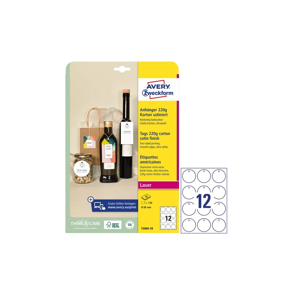 Cartellino stampabile - in cartoncino - con bordi lisci - laser - diametro 60 mm - 12 cart/fg - 10 fogli - bianco - Avery