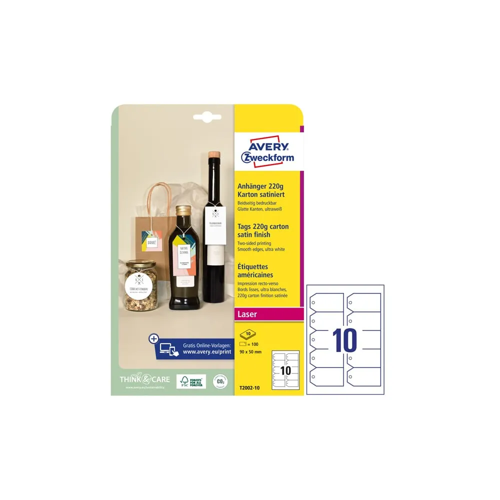 Cartellino stampabile - in cartoncino - con bordi tagliati lisci - laser - 90 x 50 mm - 10 cart/fg - 10 fogli - bianco - Avery