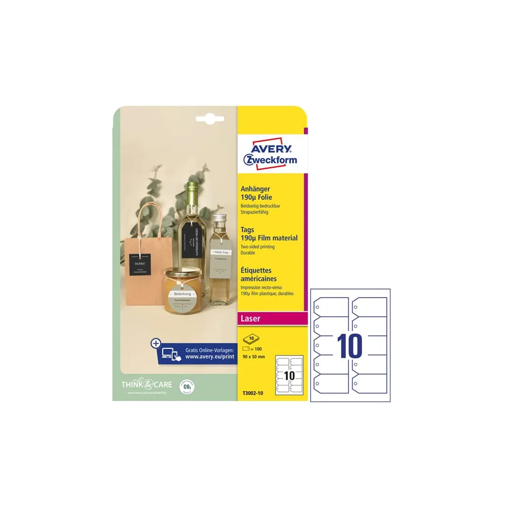 Cartellino stampabile resistente - plastica 190 Âµ - con angoli tagliati - laser - 90 x 50 mm - 10 cart/fg - 10 fogli - bianco 