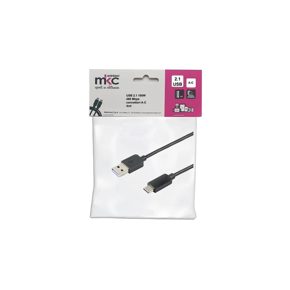 Cavo USB - 2.0 A/C - 100W - 480Mbps - 4 mt - MKC Melchioni