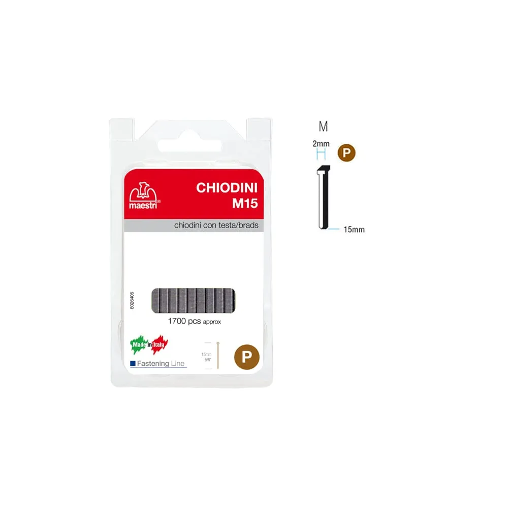 Chiodini M15 per fissatrici - con testa - 15 mm - acciaio - Romeo Maestri - conf. 1700 pezzi