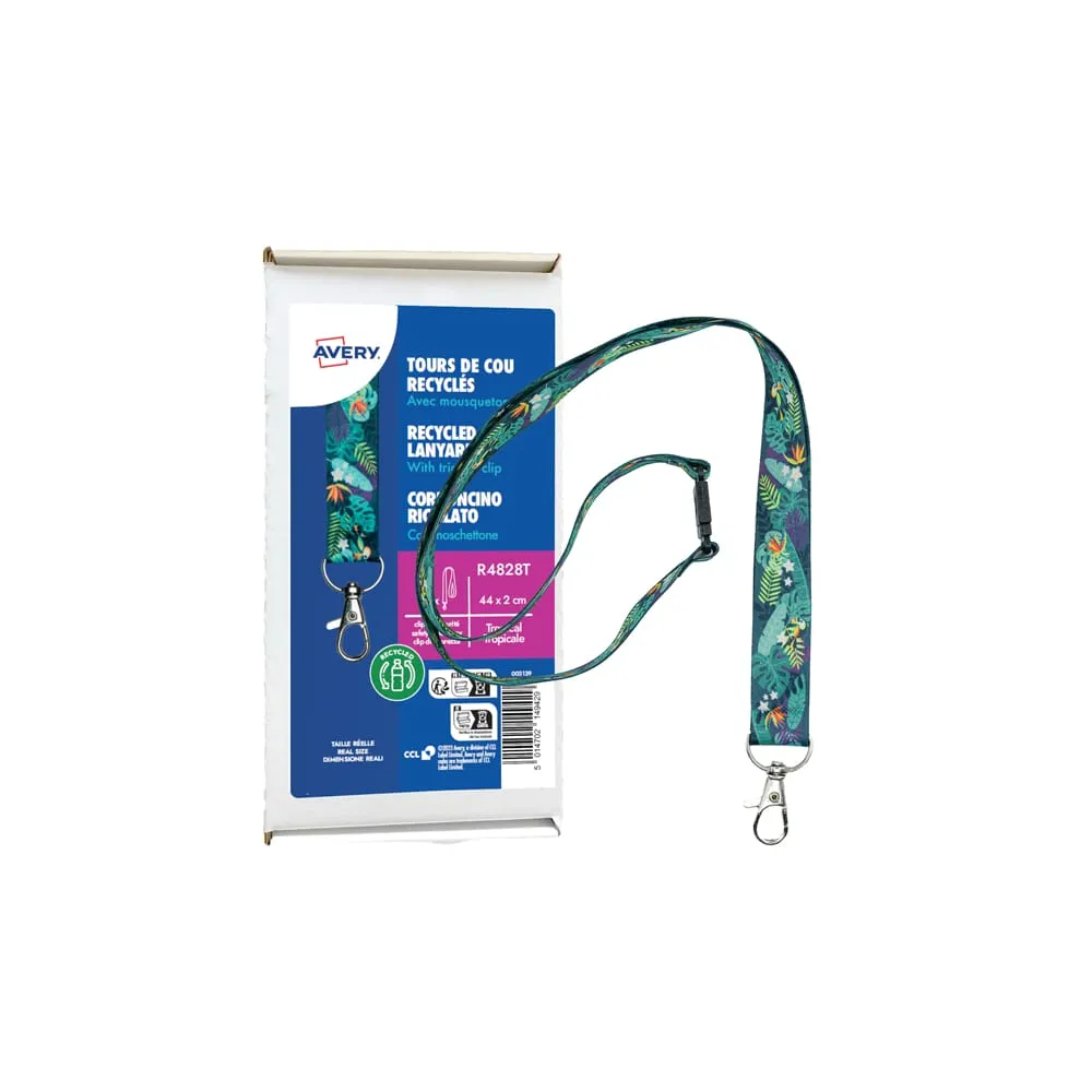 Cordoncino per portabadge - in Rpet - fantasia tropicale - 440 x 20 mm - Avery - Conf. 10 pezzi