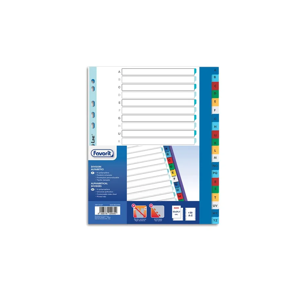 Divisori alfabetici 20 tacche - PP - A4 maxi - colori assortiti - Favorit