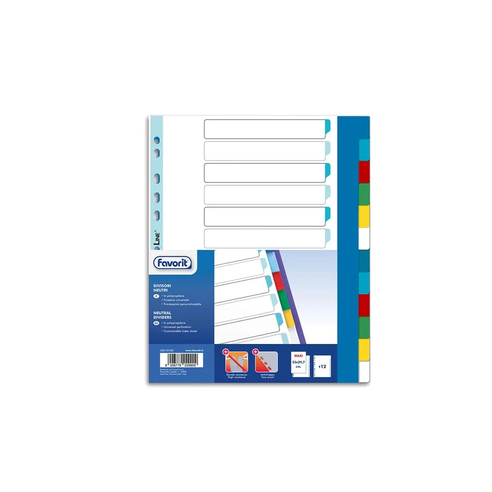 Divisori Neutri a 12  tacche - PP - A4 maxi - colori assortiti - Favorit