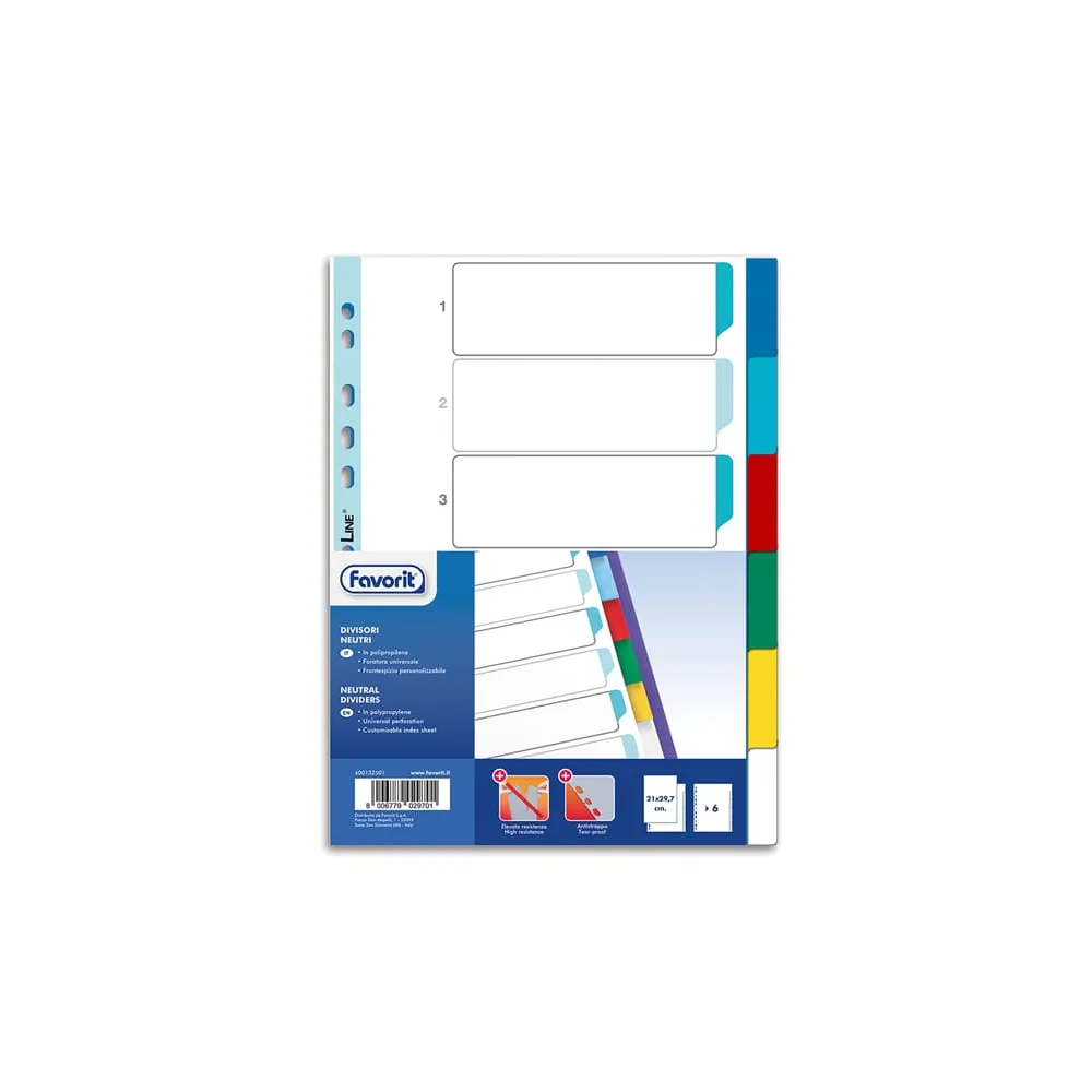 Divisori Neutri a 6 tacche - PP - A4 - colori assortiti - Favorit
