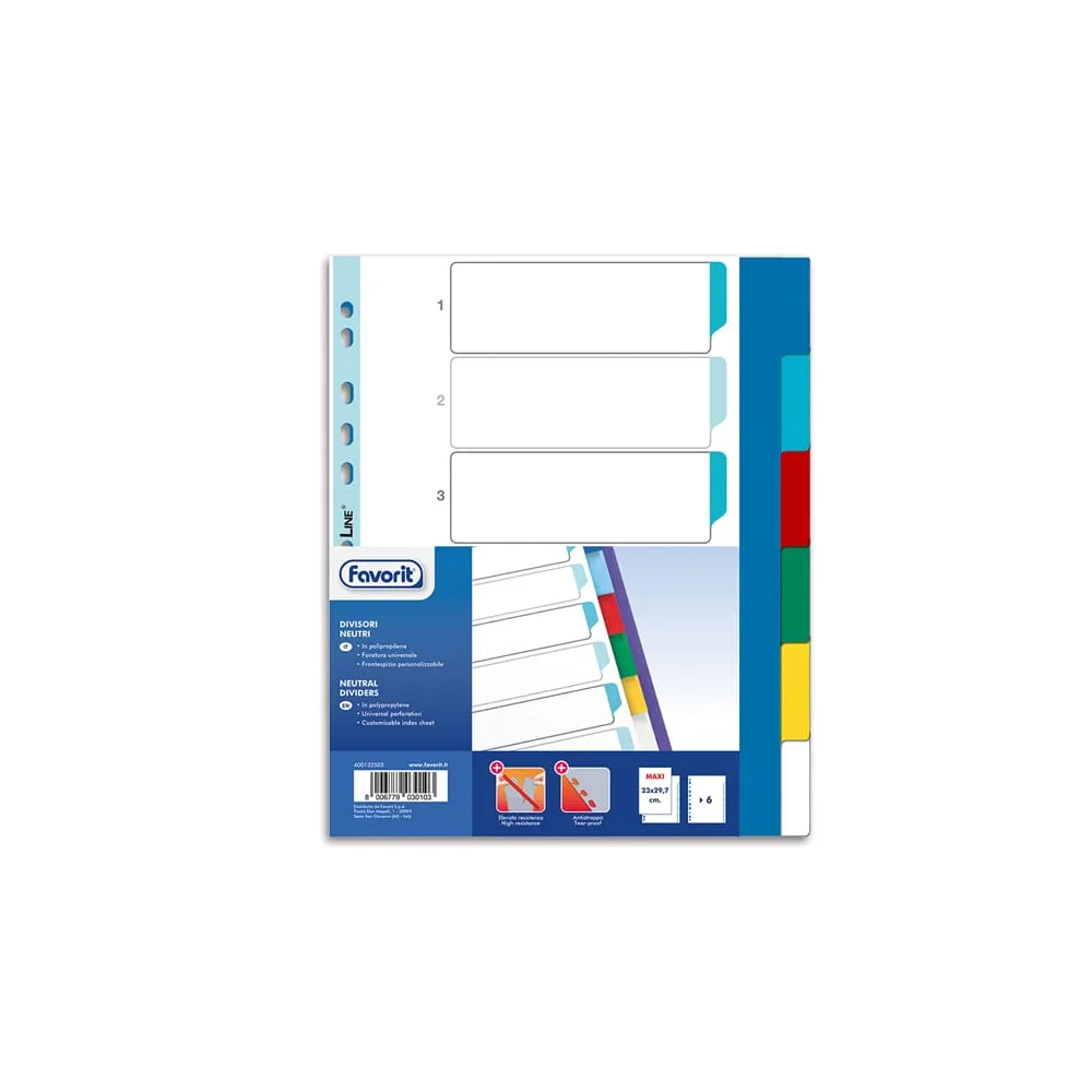 Divisori Neutri a 6 tacche - PP - A4 maxi - colori assortiti - Favorit