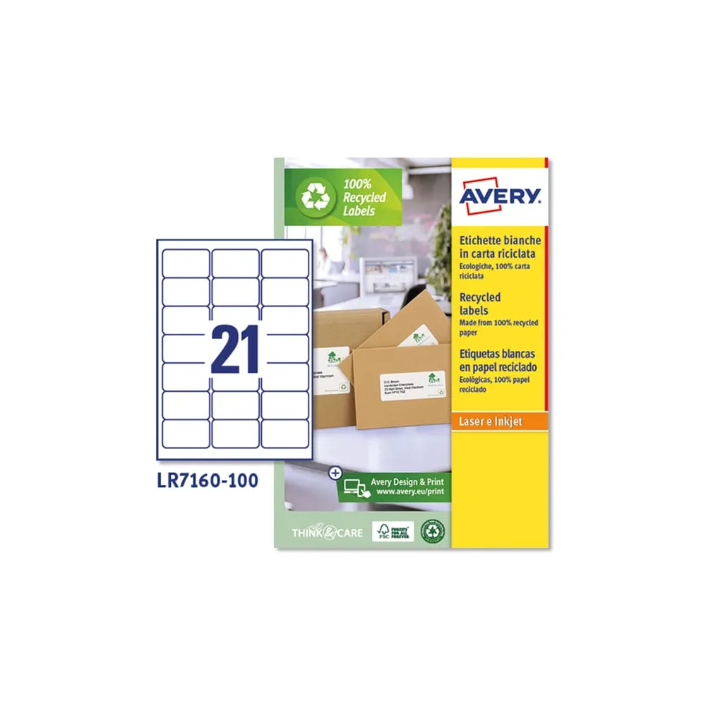 Etichette adesive - in carta riciclata - permanenti - 63,5 x 38,1 mm - 21 et/fg - 100 fogli - bianco - Avery