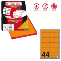 Etichette adesive A/406 - in carta - permanenti - 47,5 x 25,5 mm - 44 et/fg - 100 fogli - arancio fluo - angoli tondi - Markin