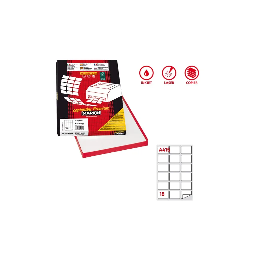 Etichette adesive A/415 - in carta - permanenti - 63,5 x 46,6 mm - 18 et/fg - 100 fogli - bianco - angoli tondi - Markin