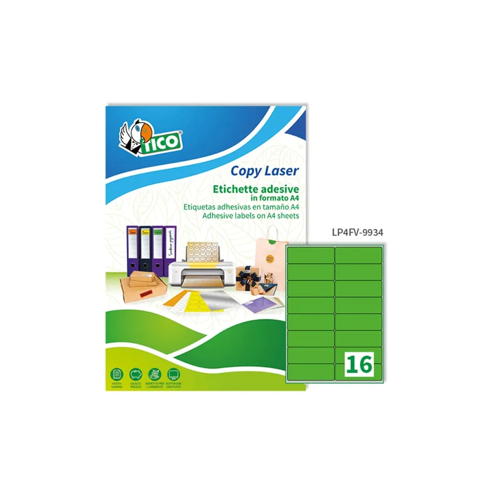 Etichette adesive LP4F - in carta - angoli arrotondati - permanenti - 99,1 x 34 mm - 16 et/fg - 70 fogli - verde fluo - Tico