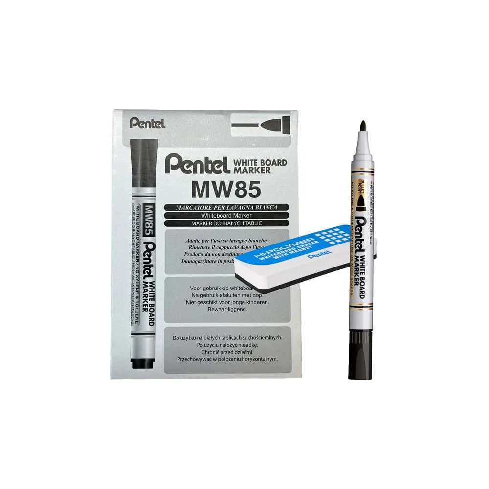 Marcatore white board MW85 - nero - Pentel - bundle 12 pezzi + cancellino magnetico