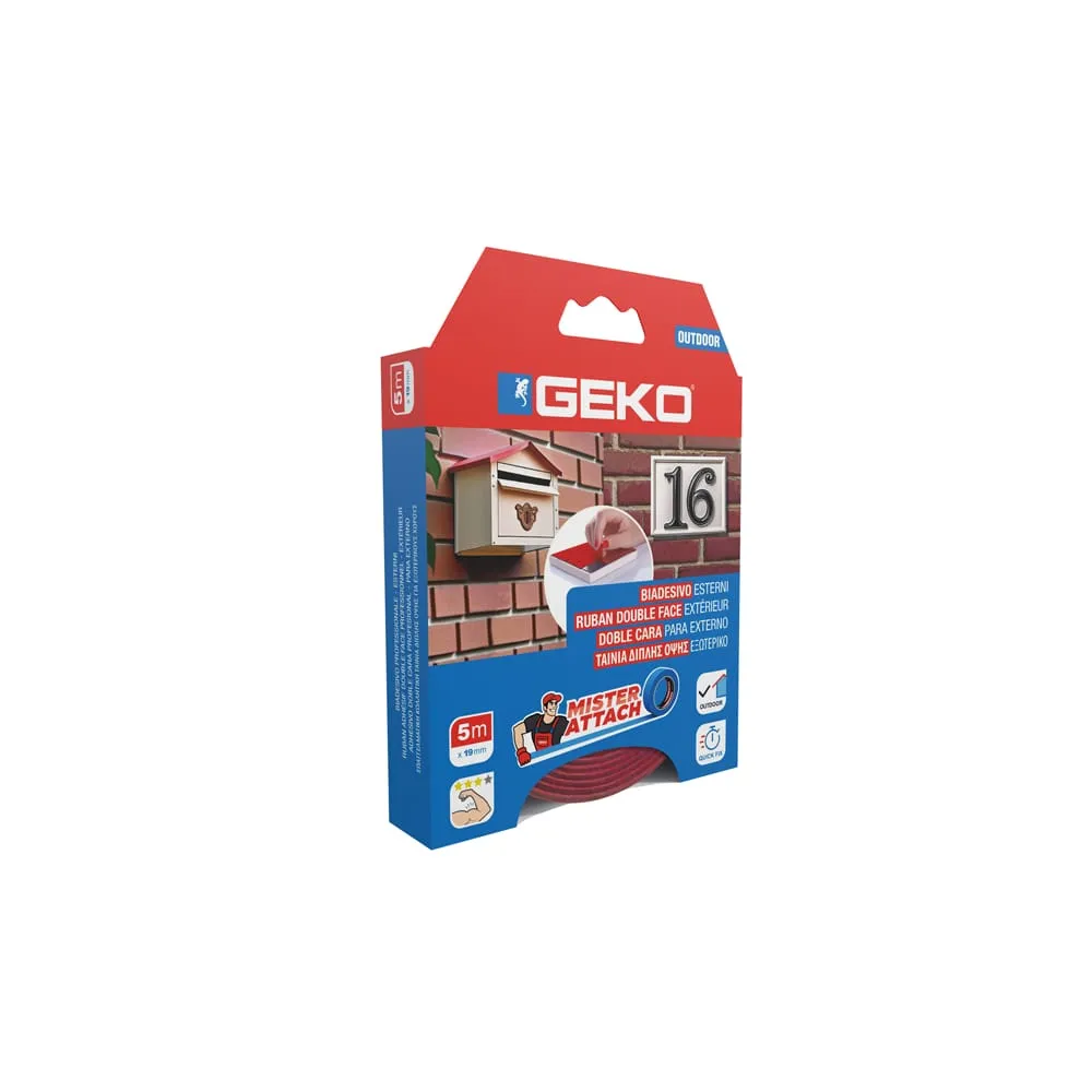 Nastro biadesivo OUTDOOR Mister Attach - 19 mm x 5 m - PP - grigio/rosso - Geko