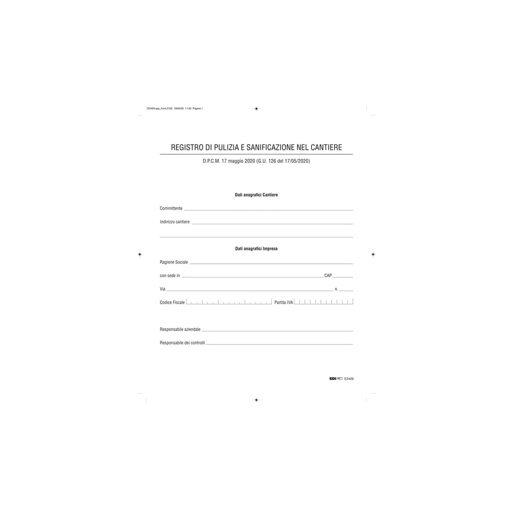 Registro di pulizia e sanificazione nel cantiere - Edipro