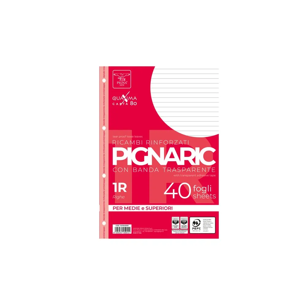 Ricambi forati rinforzati Pignaric - A4 - 1 rigo - 80gr - Pigna - conf. 40 pezzi