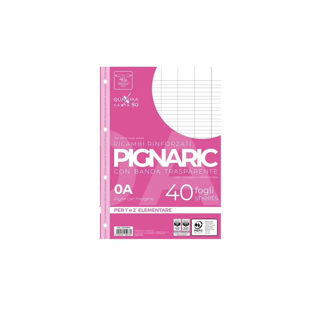 Ricambi forati rinforzati Pignaric - A4 - rigo di 1a - 80gr - Pigna - conf. 40 pezzi