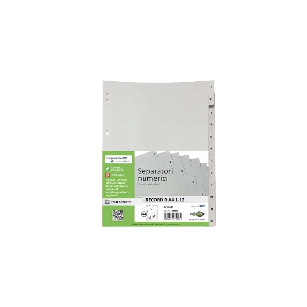 Separatore numerico 1/12 Record R - PP - 21 x 29.7 cm - A4 - Sei Rota
