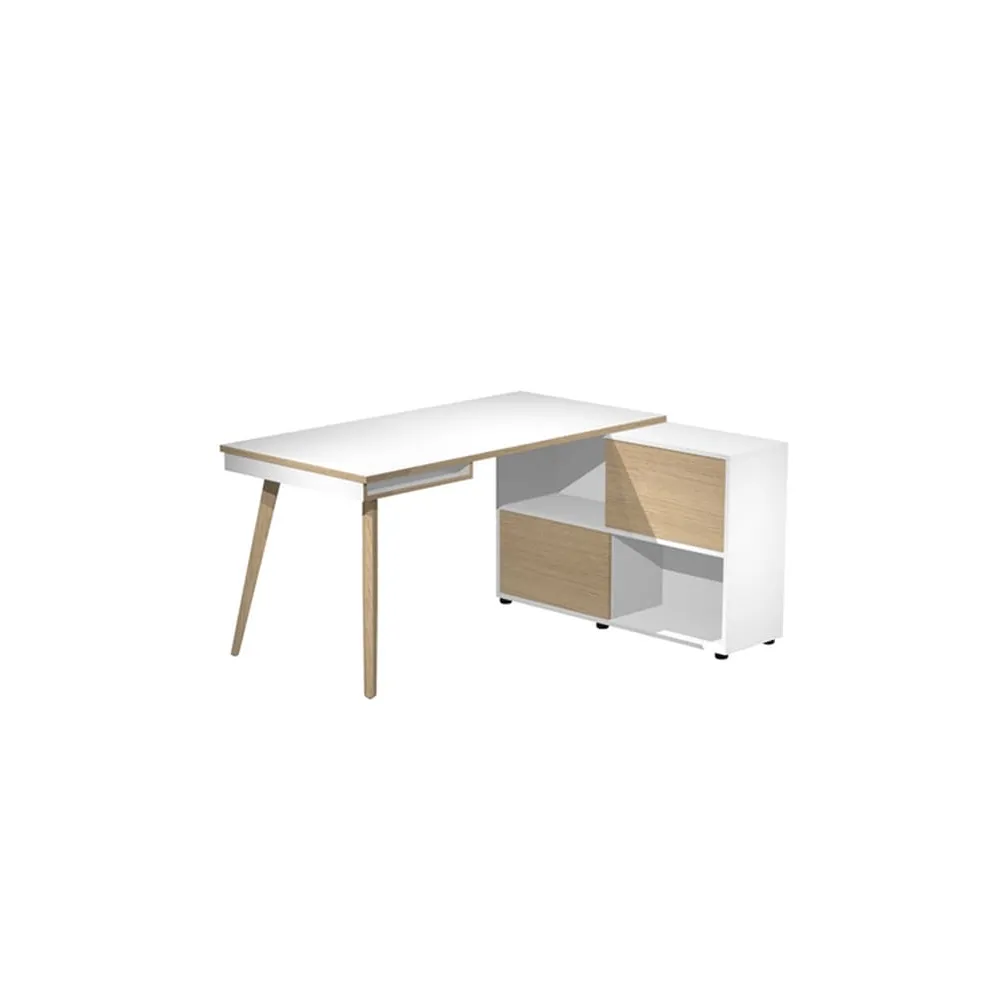 Workstation Midi - gambe in legno - 130 x 120 x H 81,5 cm - bianco / rovere