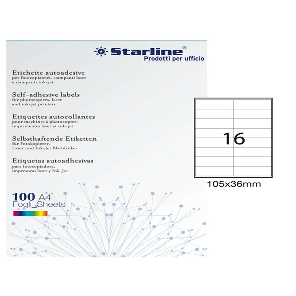 Etichette adesive - in carta - permanenti - 105 x 36 mm - 16 et/fg - 100 fogli - bianco - Starline