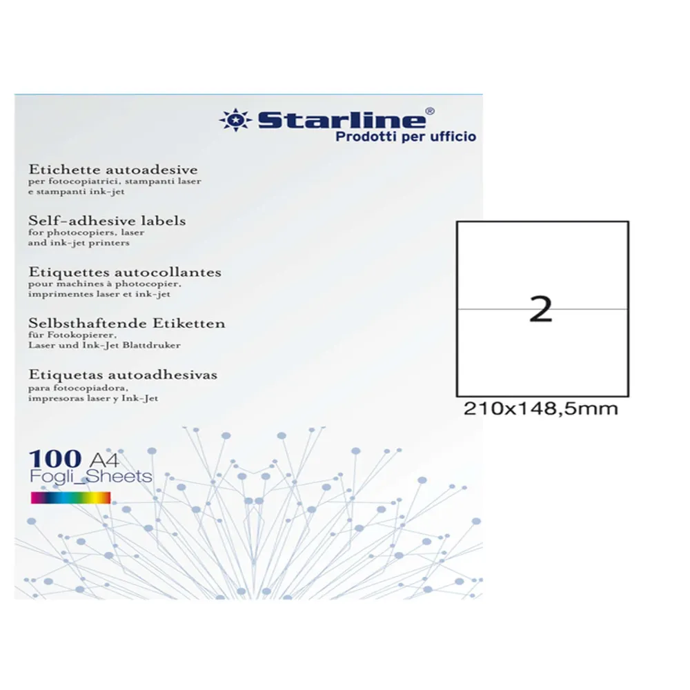 Etichette adesive - in carta - permanenti - 210 x 148,5 mm - 2 et/fg - 100 fogli - bianco - Starline