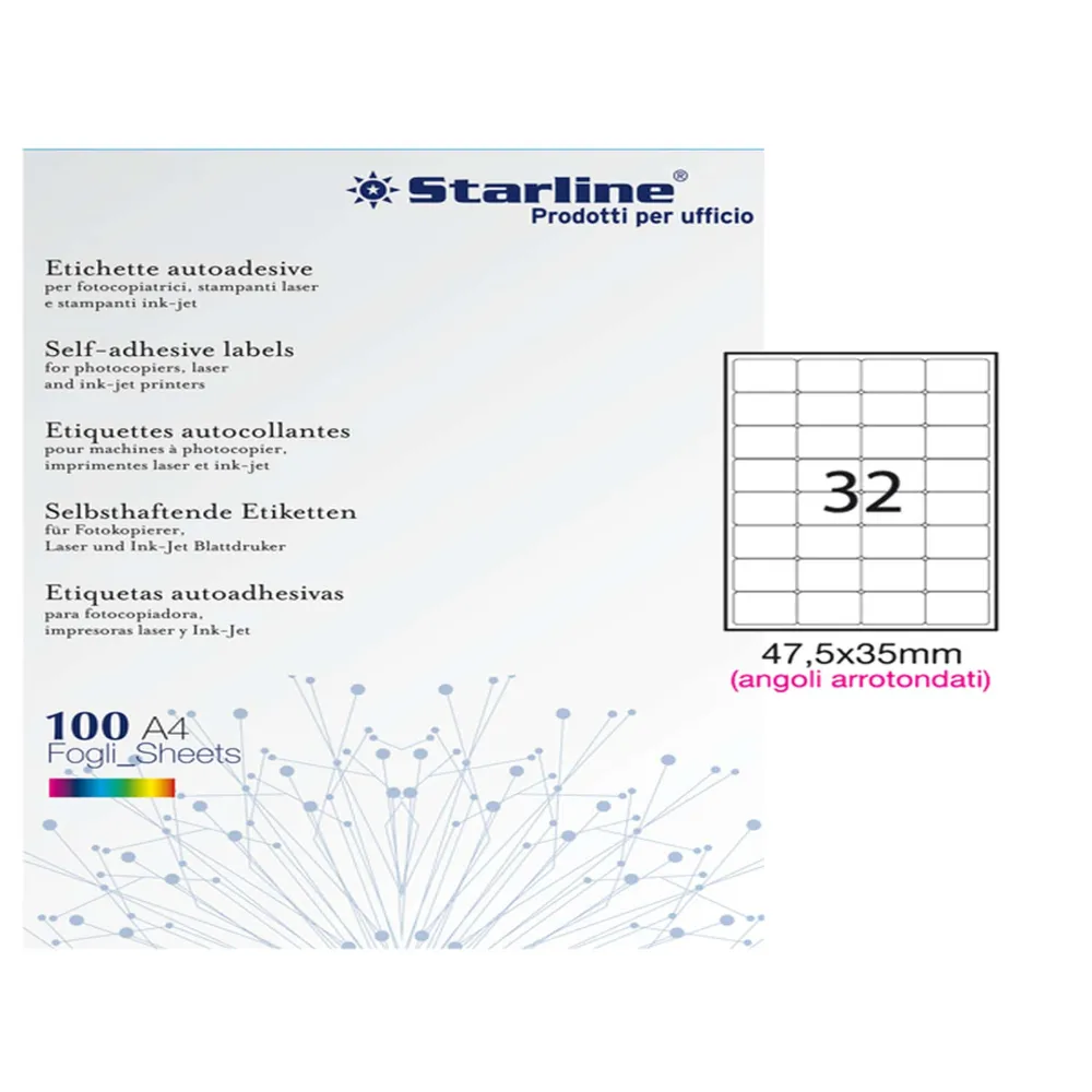 Etichette adesive - in carta - angoli arrotondati - permanenti - 47,5 x 35 mm - 32 et/fg - 100 fogli - bianco - Starline