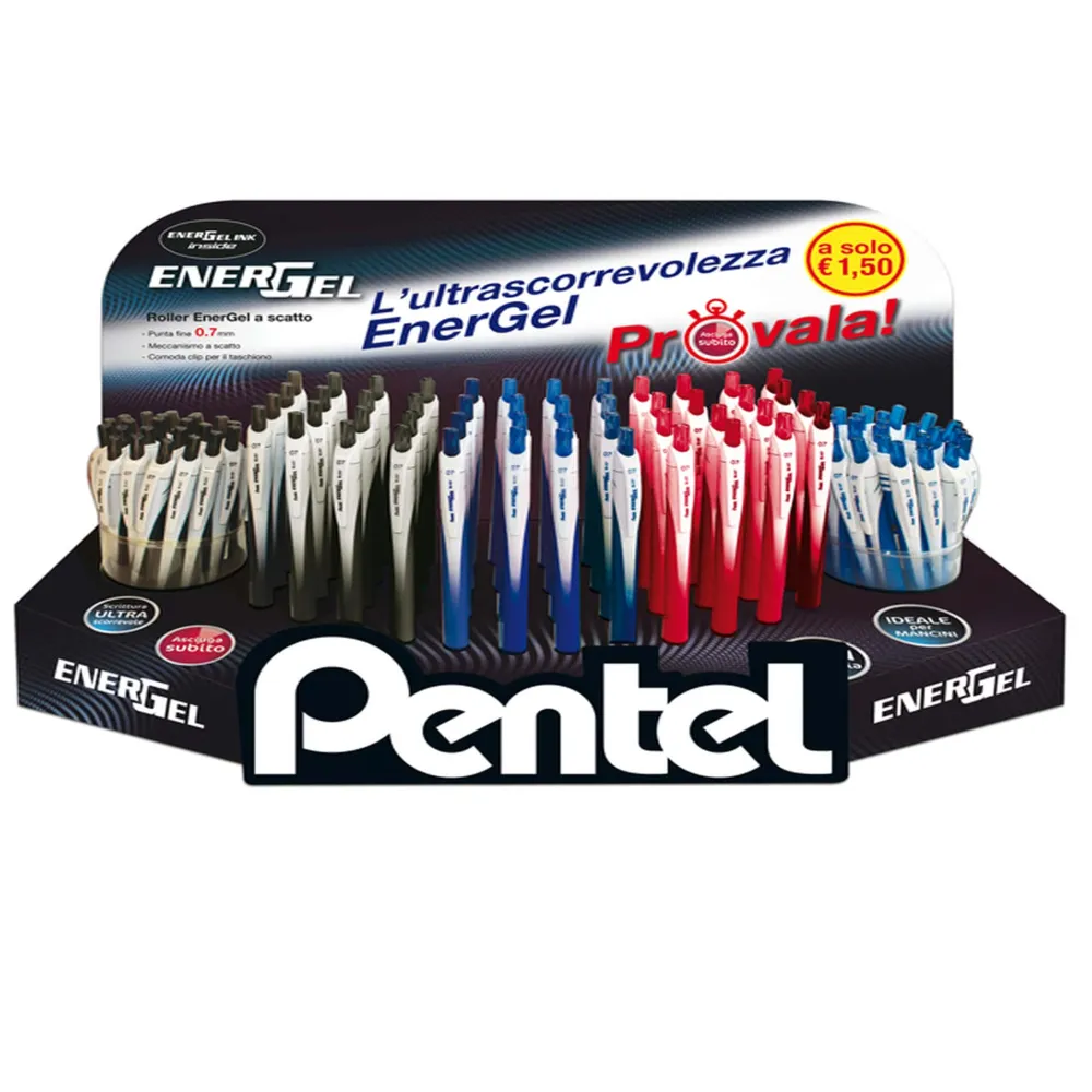 Roller Energel Slim - punta 0,7 mm - 3 colori assortiti (blu/nero/rosso - Pentel - expo 120 pezzi