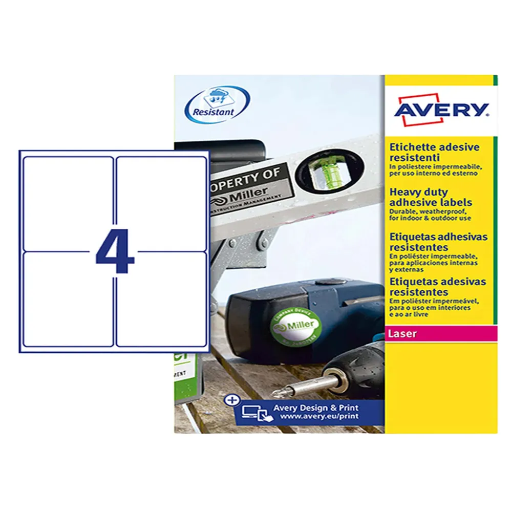 Etichette adesive L4774 - in poliestere - laser - permanenti - 99,1 x 139 mm - 4 et/fg - 8 fogli - bianco - Avery